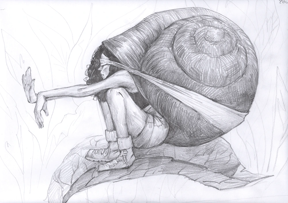 Sketch for illustration girl with snail shell