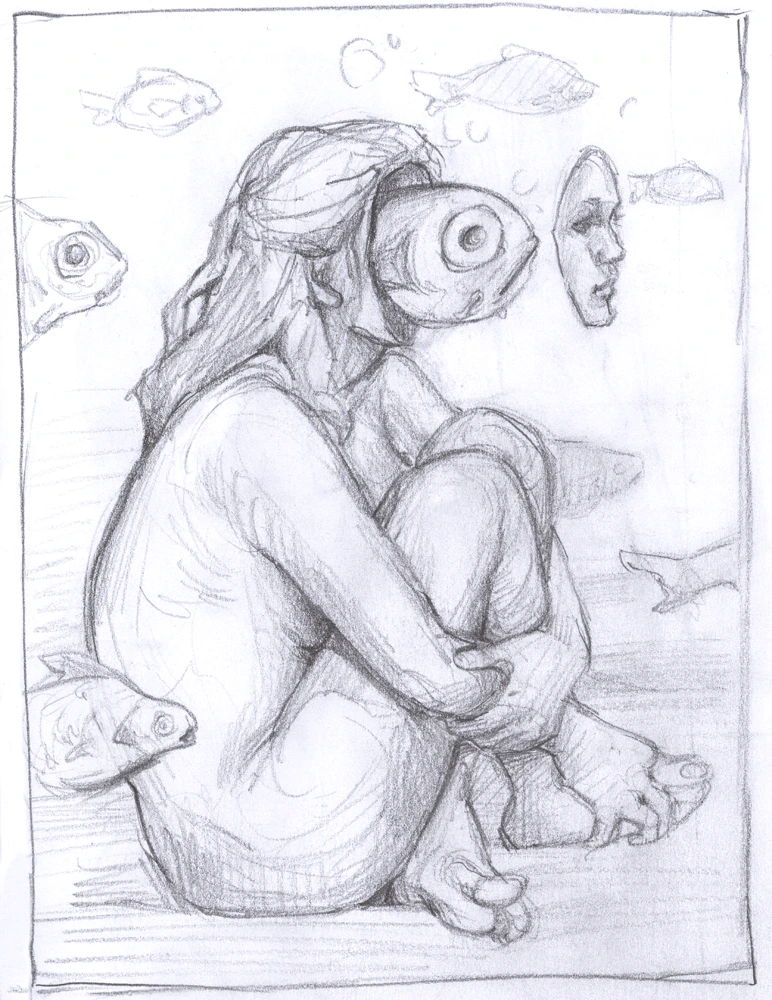 Sketch for illustration woman fish mask