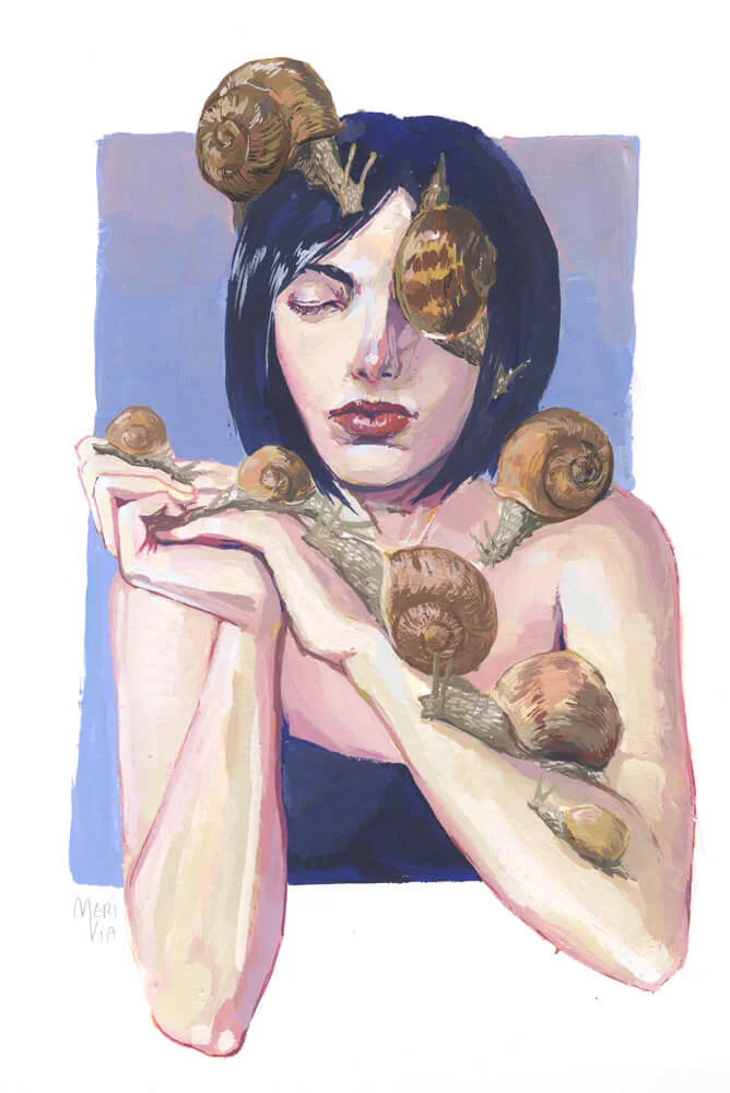 Painting of a woman with snails on her arms