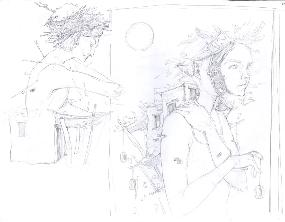 Surreal sketches cottages in ruins on people