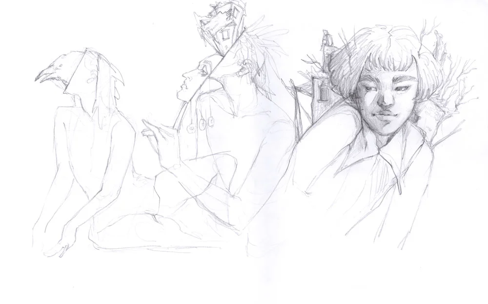 Surreal sketches houses cottages and people