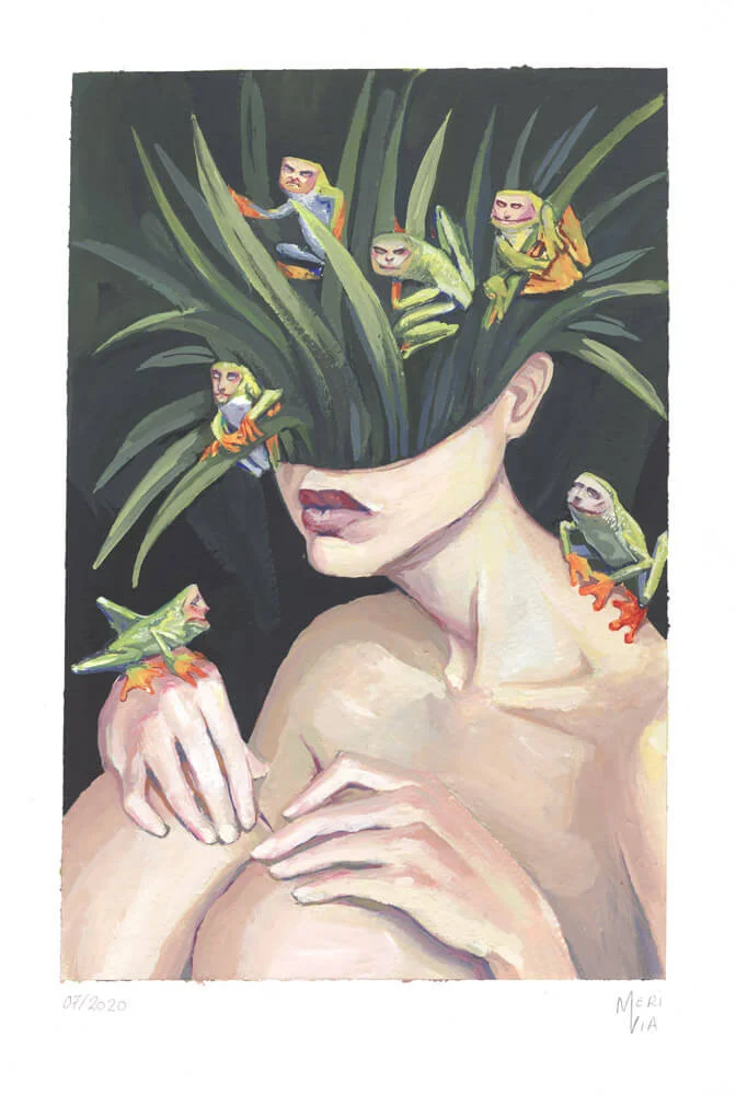 Painting of a person with no face surrounded bu frog fairies 