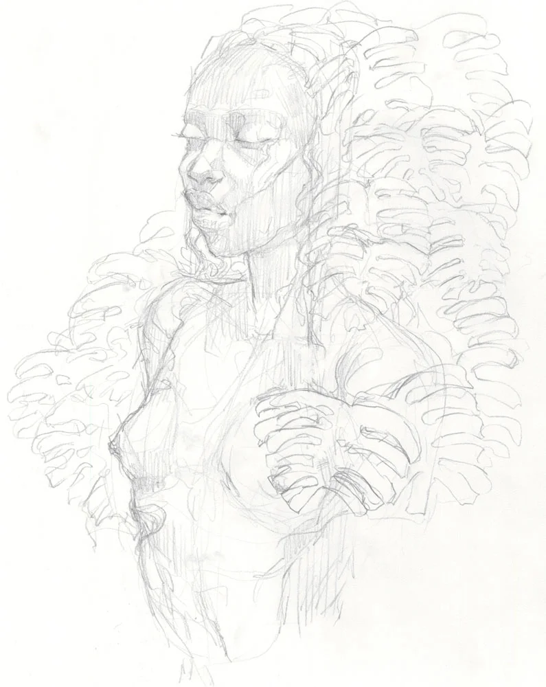 Old sketch woman between plants