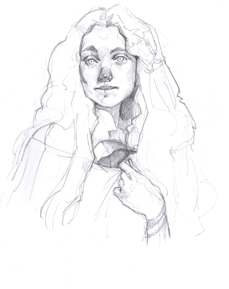 Sketch for illustration woman with bird