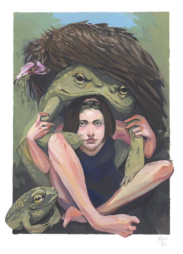 Painting of a girl with a giand frog and vulture on her head