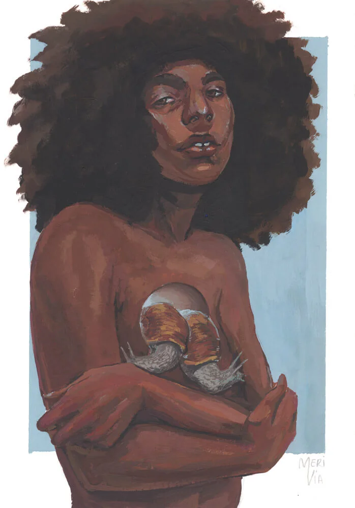 Paitning of a black woman with two snails as her heart