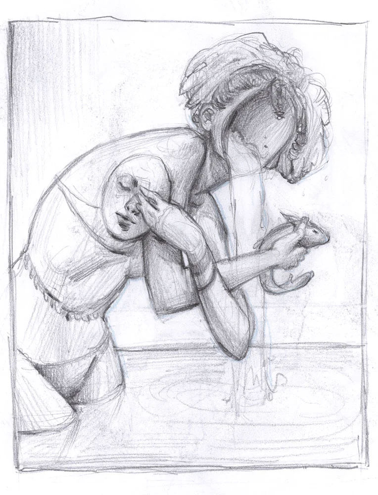 Sketch for illustration woman fish mask