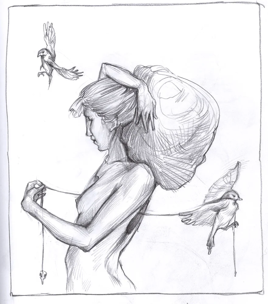 Sketch woman with birds