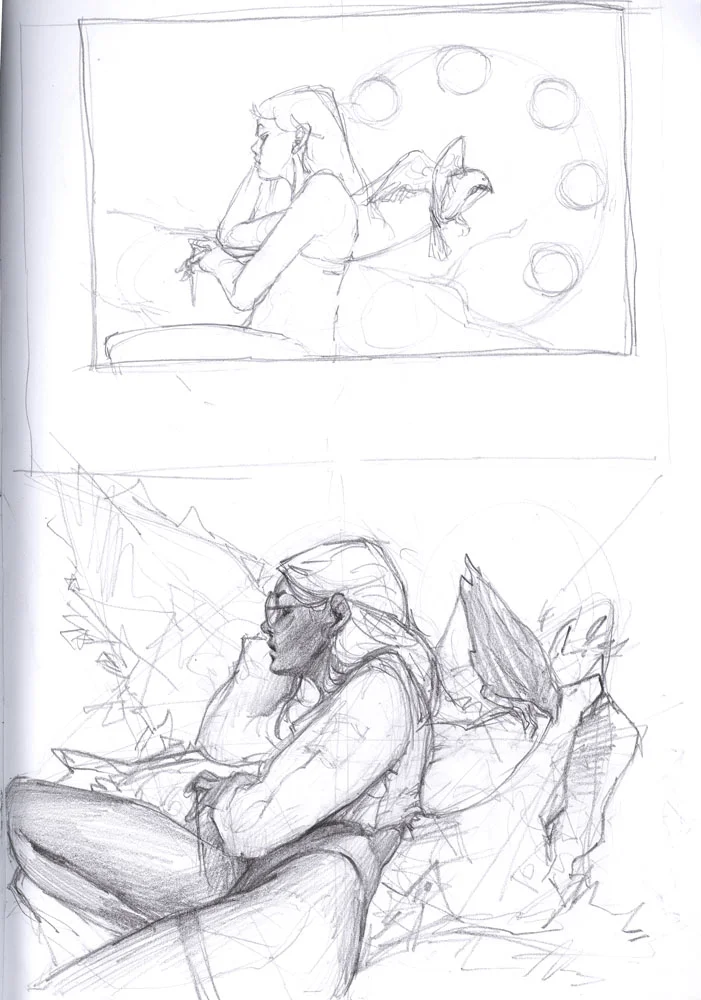 Sketch for illustration woman with crow