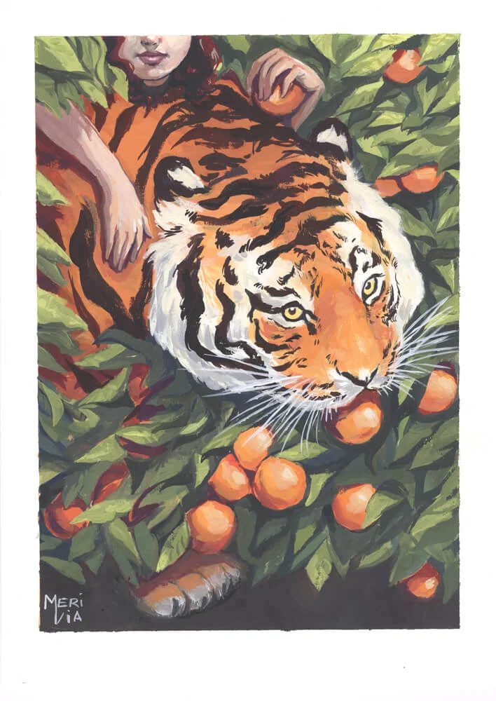 Painting of tiger between an orange tree and a girl huging him