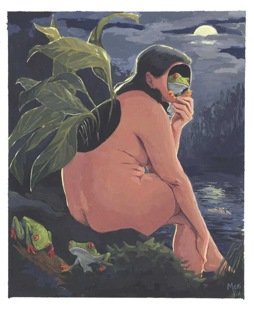 Surreal painting of a woman with no face and a frog inside her head