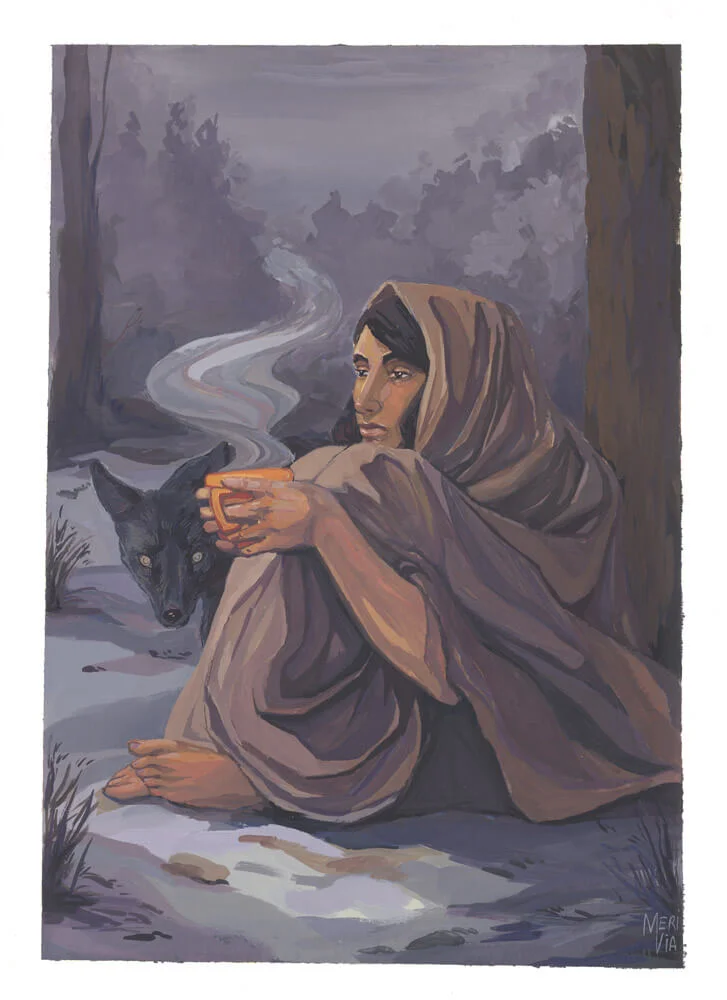 Painting of a girl with a black fox in the snow