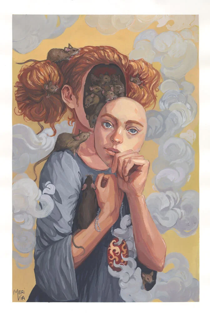 Painting of a girl taking off a mask and rats in her head