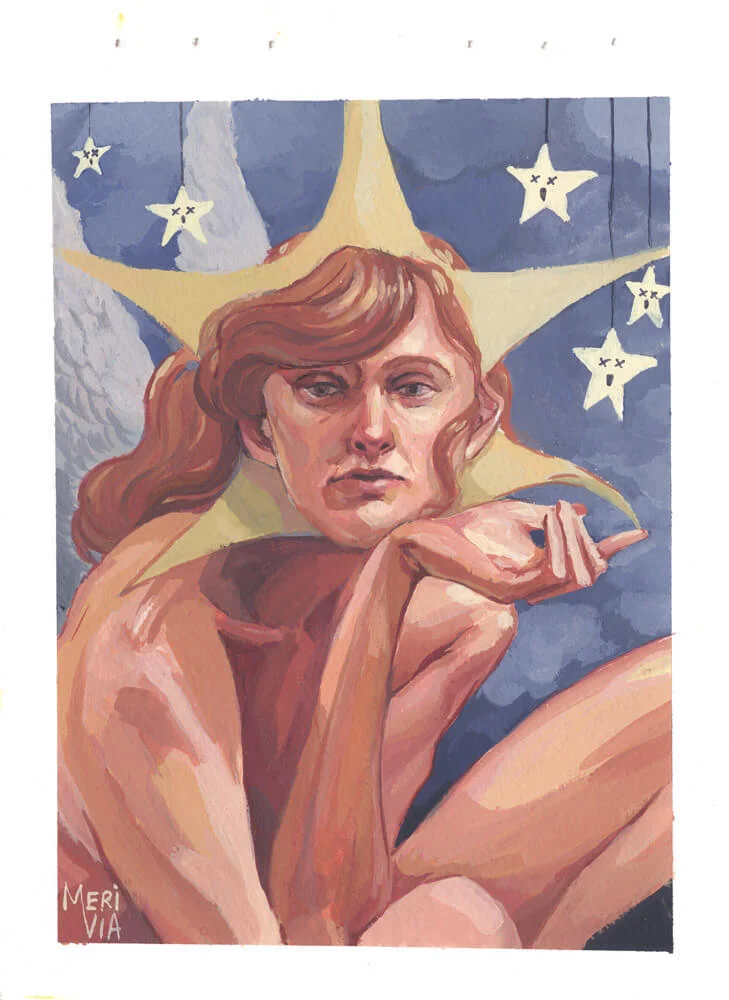 Painting of a man with wings and stars