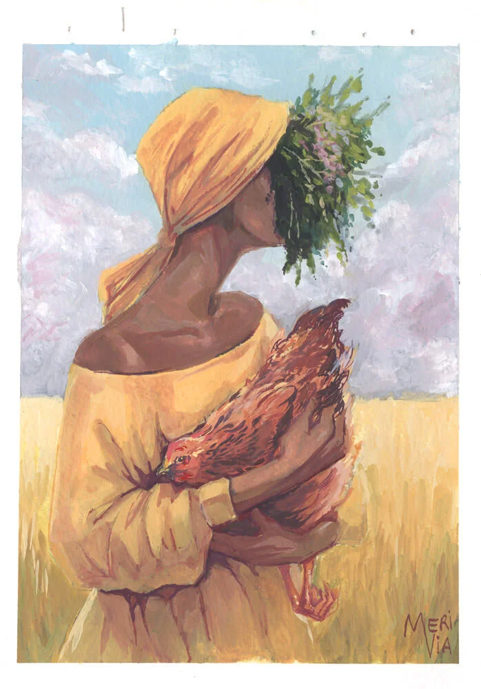 Painting of a woman holding a chicken and plants covering her face