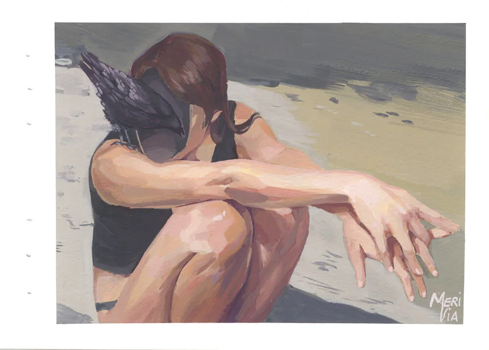 Painting of a girl with a hole in her head and a crow inside