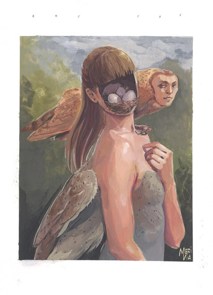 Surreal painting of a girl with a nest inside her head and a barn owl with human face